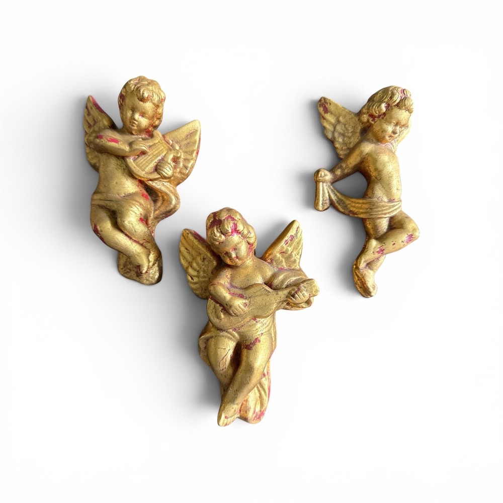 Vintage Gold Chalkware Cherub Angel Wall Hanging Set 3 Musical Figures 6 Inch